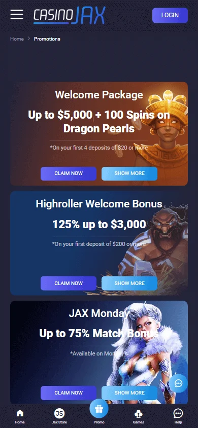 CasinoJax promotions area on a mobile browser