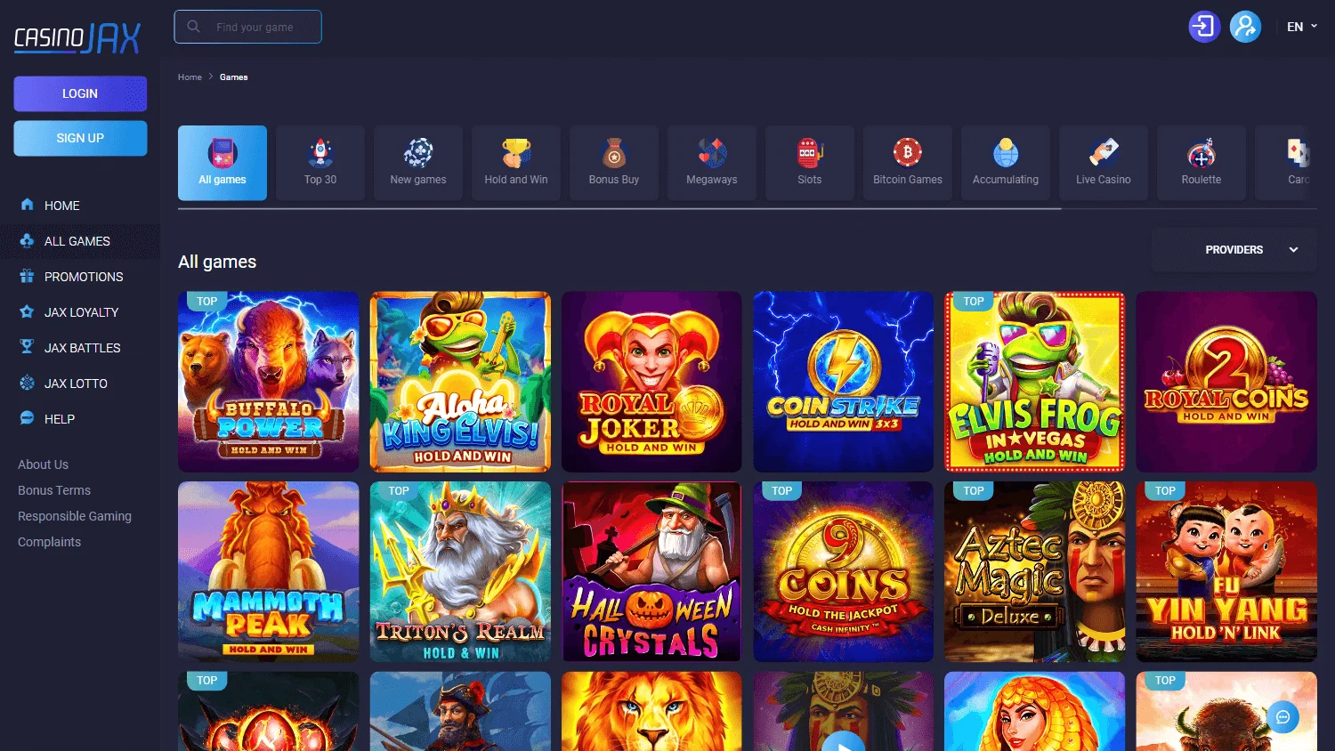 CasinoJax games area on desktop