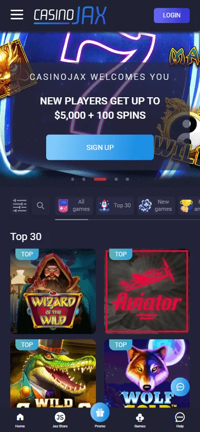 CasinoJax home page on a mobile browser