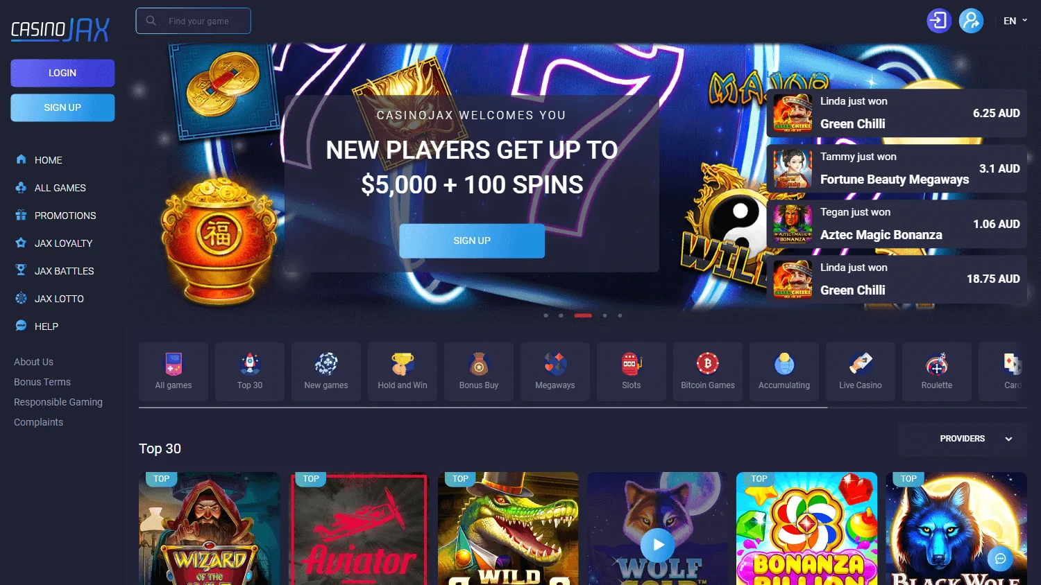 CasinoJax home page on desktop