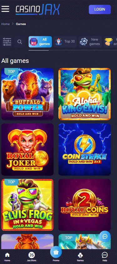 CasinoJax games area on a mobile browser